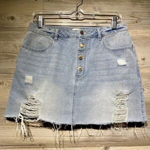 Forever 21 Denim Mini Skirt Jean Light Wash Women’s 29 Distressed Cut-Off Button